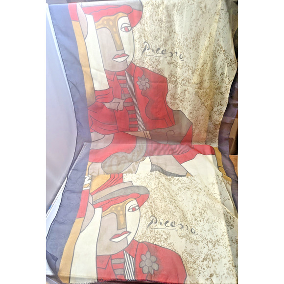 Unbranded Accessories - Vintage Picasso Abstract Cubist Art Scarf Blue Jazz Man Hat Sheer Black Red Blue